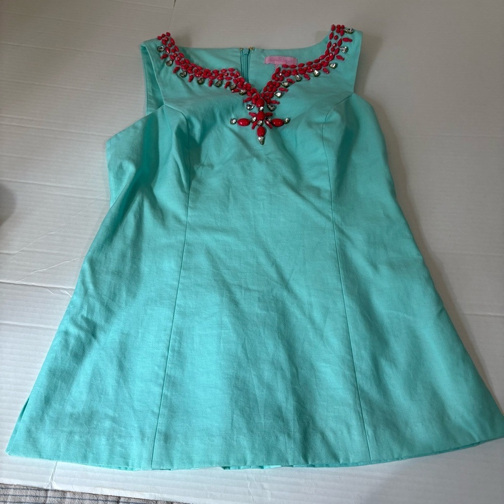 LILLY PULITZER Turquoise Blue and Coral Beaded Jackie Top